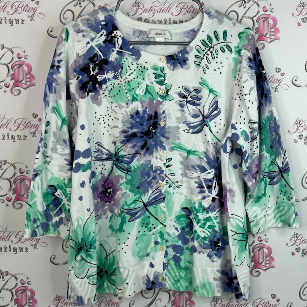 CJ Banks cardigan rhinestones Floral Long Sleeve Top Blue, Green, Purple